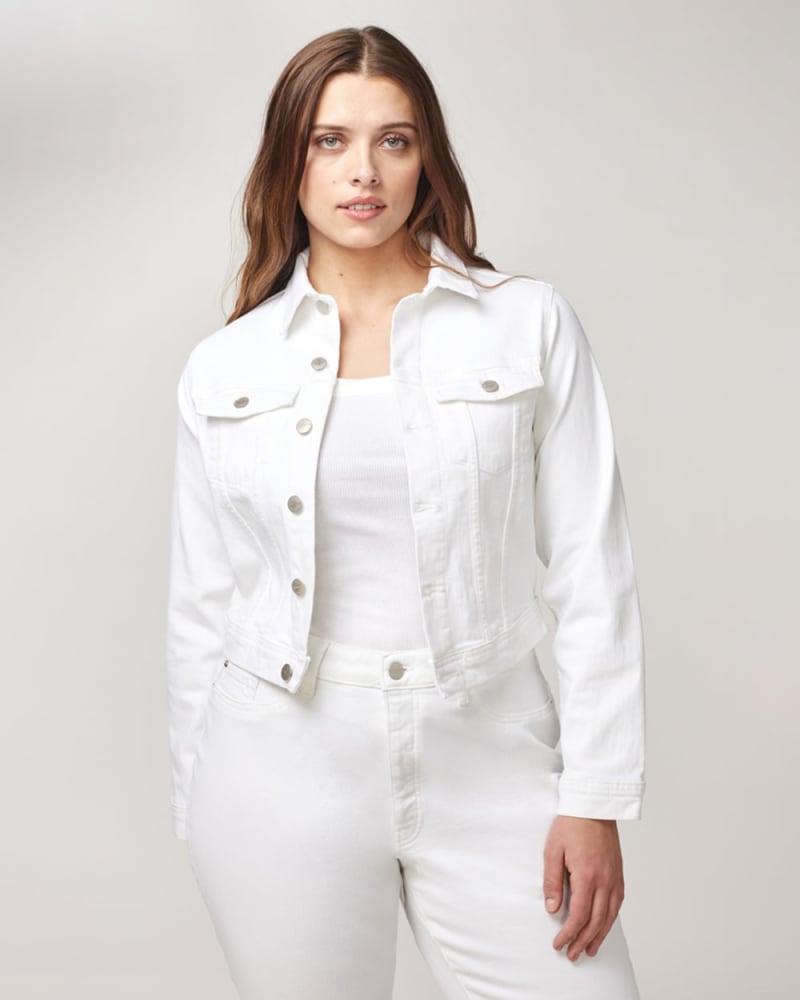 Front of a model wearing a size 1XL Rania Denim Jacket in CRANES by Warp + Weft. | dia_product_style_image_id:291856